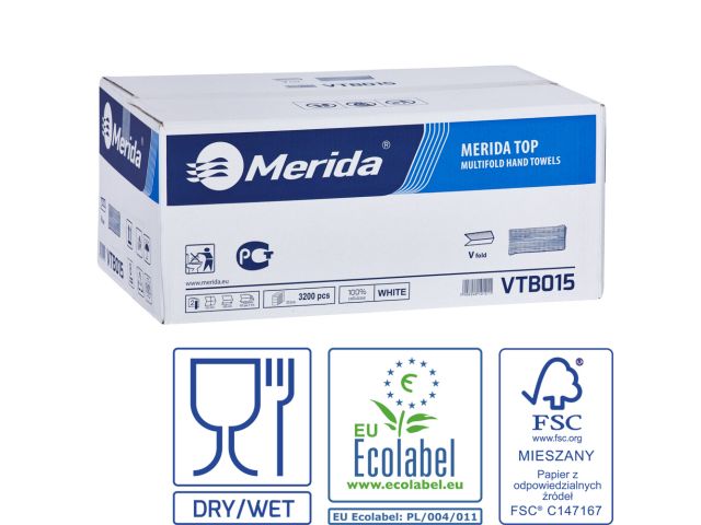 MERIDA TOP interleaved paper towels, white, 100% cellulose, 2-ply, 3200 pcs. / carton (20 pack. of 160 pcs.) (PZ15)